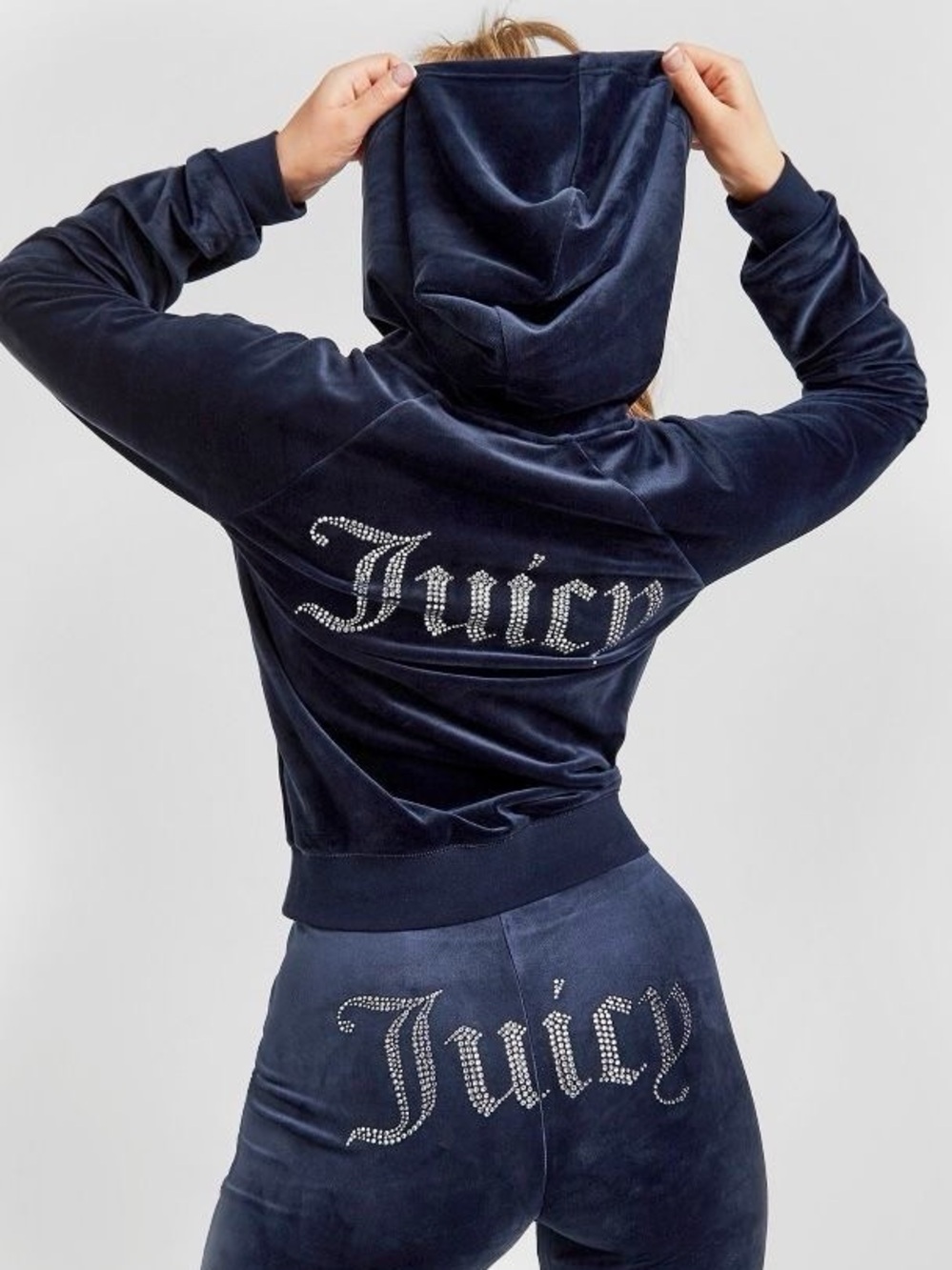 Juicy Couture Navy Velour Rhinestone Logo Bomber Jacket